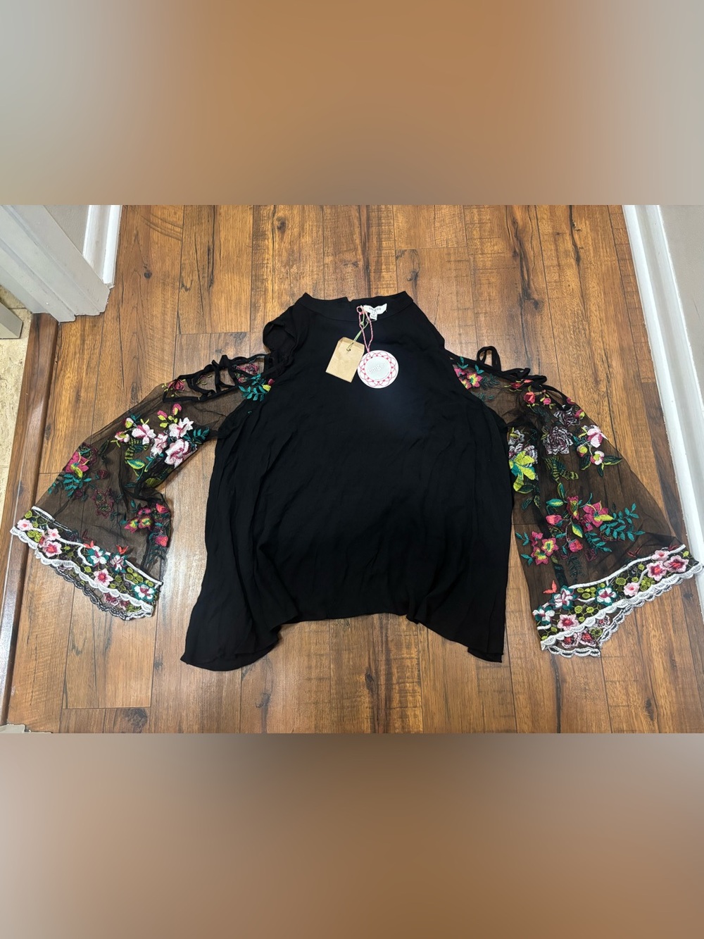 Umgee Cold Shoulder Top with Floral Embroidered Bell Sleeves Fall Boho Festival